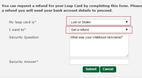 opzioni da selezionare per rimborso leap card