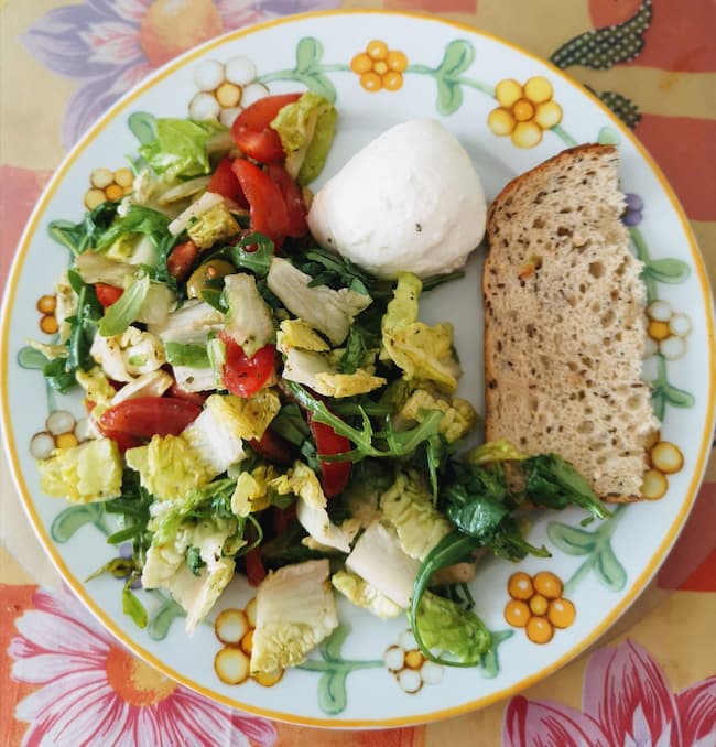 Piatto di cucina con mozzarella di bufala , insalata e pane