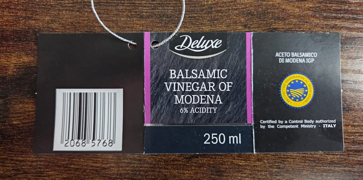Etichetta fronte: Aceto Balsamico di Modena Marca Deluxe Lidl Irlanda
