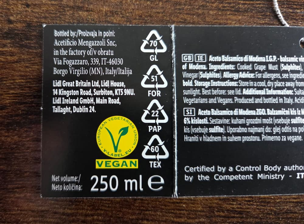 Etichetta retro - Aceto Balsamico di Modena Marca Deluxe Lidl Irlanda