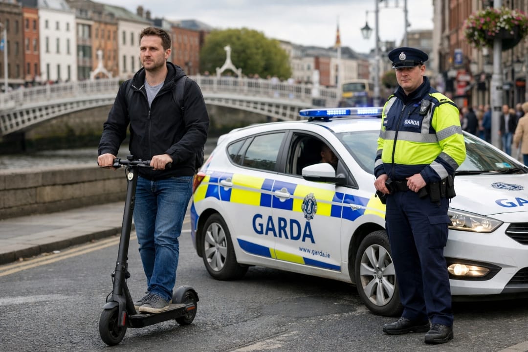 uso di un e-scooter a Dublino. Sullo sfondo una pattuglia Garda Siochana e un pubblico ufficiale